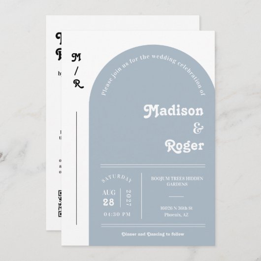 Invitation Arche Dusty Blue Retro Photo QR Code RSVP Super (Devant / Derrière)