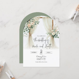 Invitation Arche en bois floral verdure roses mariage rustiqu