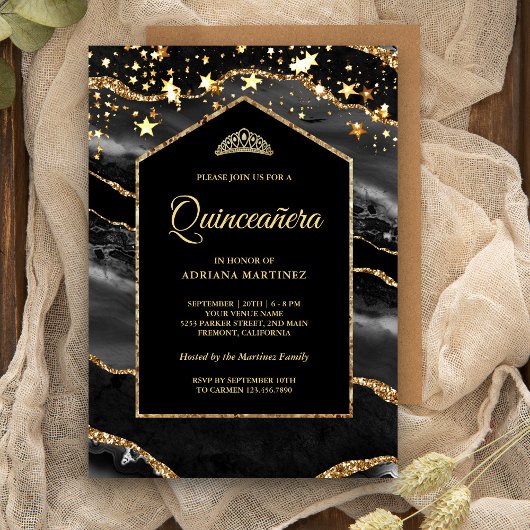 Invitation Arche en marbre d'or noir Quinceanera
