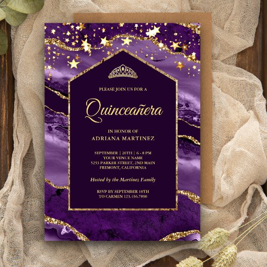 Invitation Arche en marbre royal violet or Quinceanera