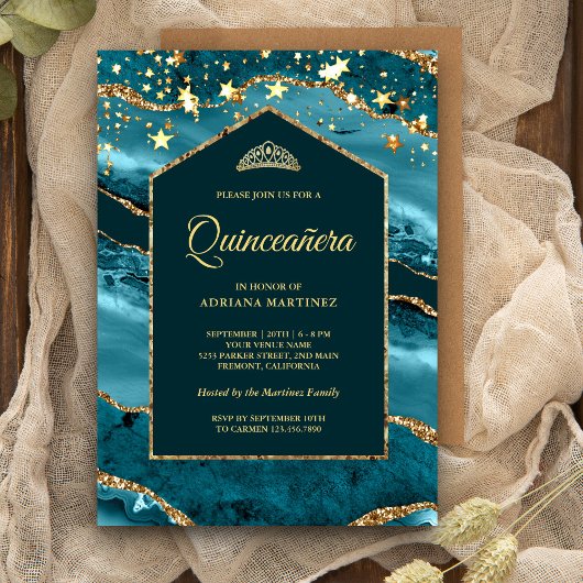 Invitation Arche en marbre turquoise or Quinceanera