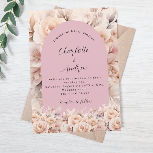Invitation Arche fleurie crème rose Dusty mariage élégant