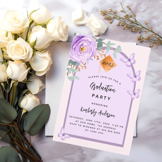 Invitation Arche fleurie violet rose violet Partie de graduat