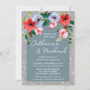 Invitation Arche florale aquarelle pailletée argent bleu pous