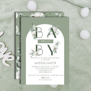 Invitation Arche florale minimaliste verte douce Hello Baby