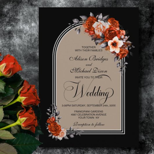 Invitation Arche Florale Orange Brûlé Mariage Beige Noir