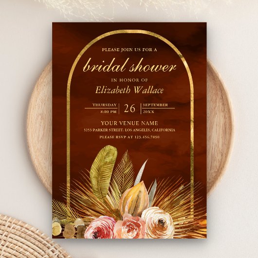 Invitation Arche Florale Terreuse Dorée Orange Brûlé pour une