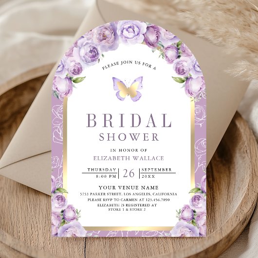 Invitation Arche florale violette Papillon Fête de mariage de