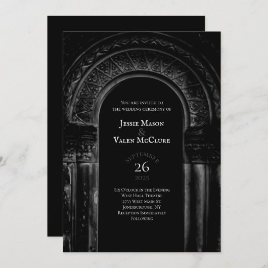 Invitation Arche gothique noir et blanc Élégant mariage foncé (Devant / Derrière)