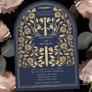 Invitation Arche Mariage d'épée d'or médiévale bleue