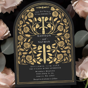 Invitation Arche Mariage d'épée d'or médiévale noire