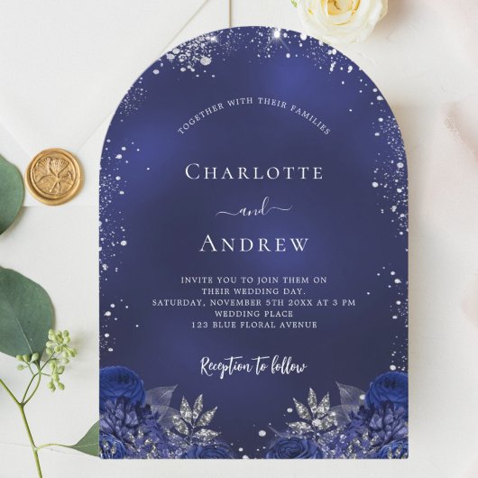 Invitation Arche mariage floral bleu marine