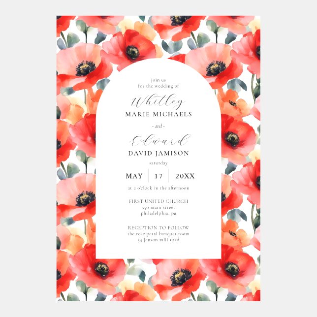 Invitation Arche Mariage florale de Poppy à l'aquarelle vive (Devant)