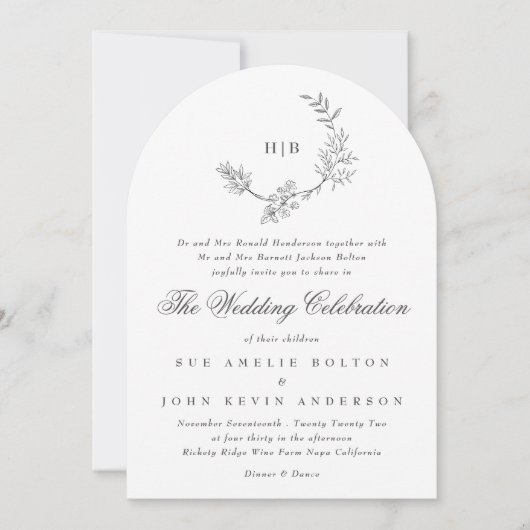 Invitation Arche Mariage monogramme à couronne florale classi (Devant)