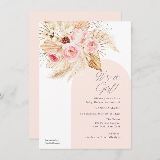 Invitation arche moderne rose c'est une fille boho pampas fle (Devant / Derrière)