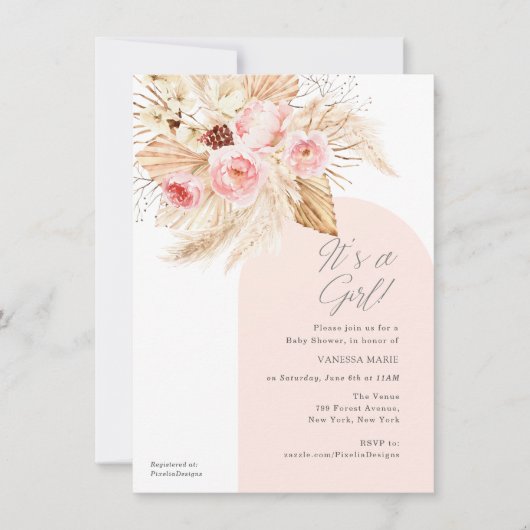 Invitation arche moderne rose c'est une fille boho pampas fle (Devant)