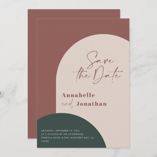 Invitation arche moderne vert rouille style enregistrer la da (Devant / Derrière)