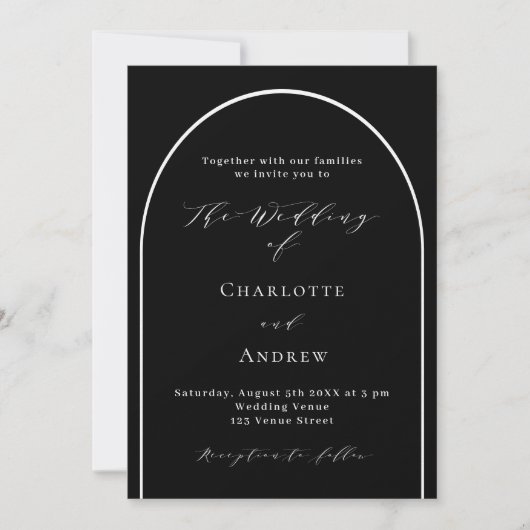 Invitation Arche noire blanche moderne script mariage de luxe (Devant)