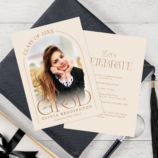 Invitation Arche photo beige moderne Partie minimale de gradu
