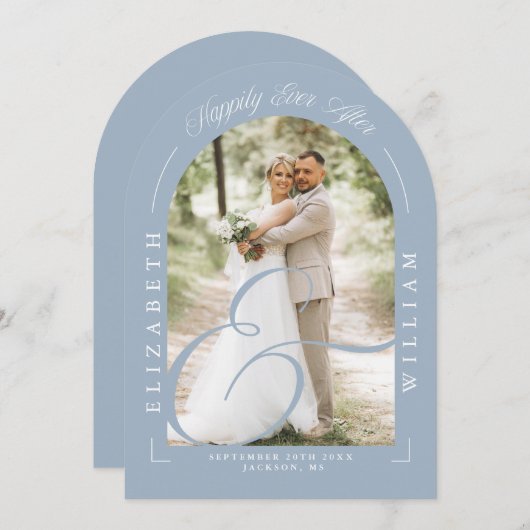 Invitation Arche photo bleu Dusty Script Mariage Réception (Devant / Derrière)