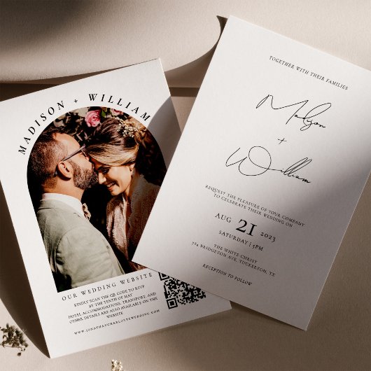 Invitation Arche photo moderne QR Code Boho Mariage