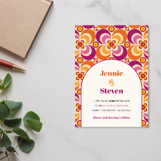 Invitation Arche rétro du milieu du siècle mariage orange vio