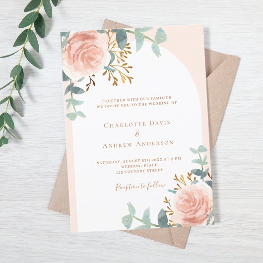 Invitation Arche rose or fleurie verdure mariage