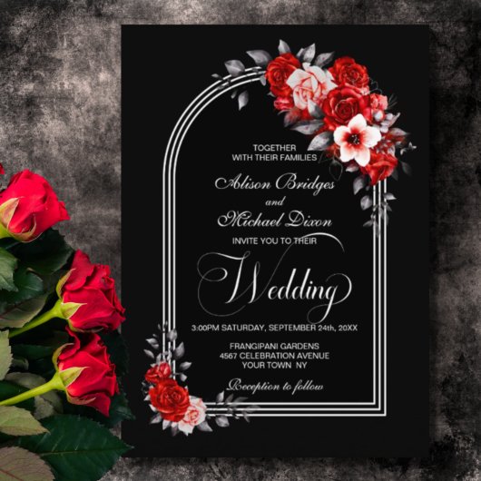 Invitation Arche rouge Floral Mariage noir