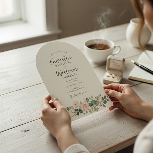 Invitation arched all in one botanical floral green script