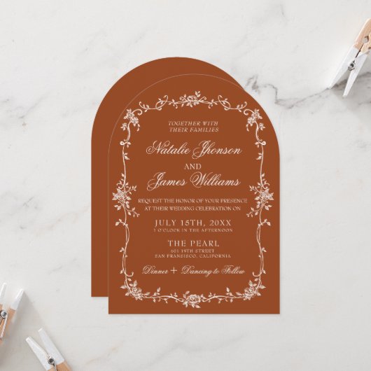 Invitation Arched Burnt Orange Floral Boho Terracotta Wedding (Devant/Arrière en situation)