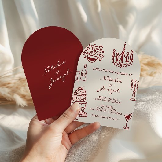 Invitation Arched Drawn Burgundy Romantic Whimsical Wedding