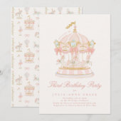 Invitation Arcs de conte de fées Rose Fille Carrousel Fête d' (Devant / Derrière)