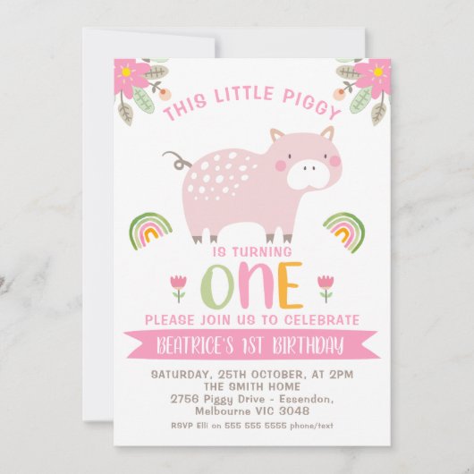 Invitation Arcs-en-ciel rose fleuris Little Piggy 1er anniver (Devant)