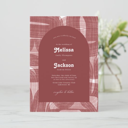 Invitation Arcs et courbures rétro et lignes Mariage mauve (Debout devant)