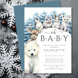 Invitation Arctic Friends Hiver Baby shower neutre<br><div class="desc">Cette mignonne invitation au baby shower hivernal présente des amis animaux de l'Arctique, dont un ours polaire, un renne, un manchot, un phoque, un lapin et un loup, avec en toile de fond des arbres enneigés. L'invitation est placée sur un arrière - plan blanc voûté avec les mots "Oh Bébé...</div>