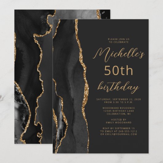 Invitation Ardoise Agate Or Noir Écriture 50e Anniversaire (Devant / Derrière)