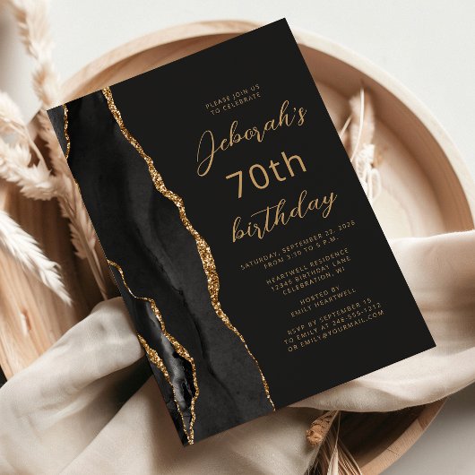 Invitation Ardoise Agate Or Noir Écriture 70e Anniversaire