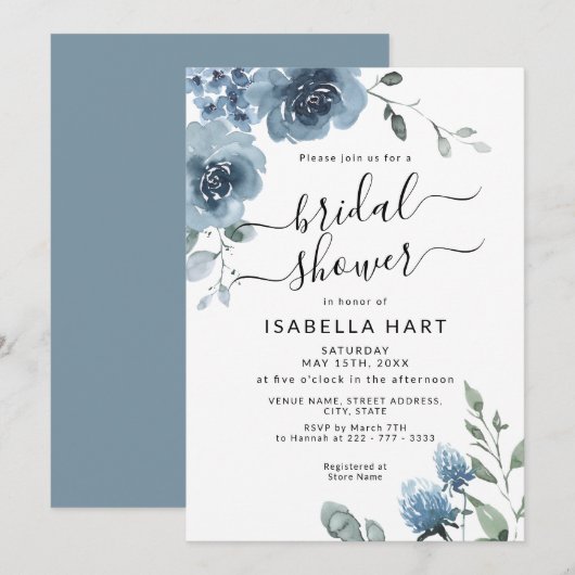 Invitation Ardoise bleu bleu bleu floral Fête des mariées d'a (Devant / Derrière)