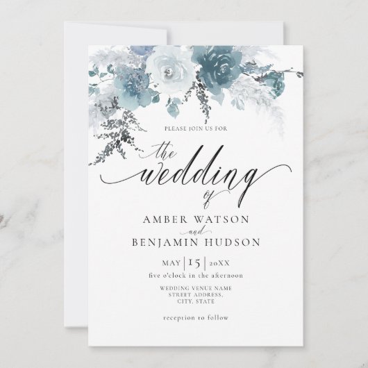 Invitation Ardoise bleu Dusty Pastel Floral Boho Pampas Maria (Devant)