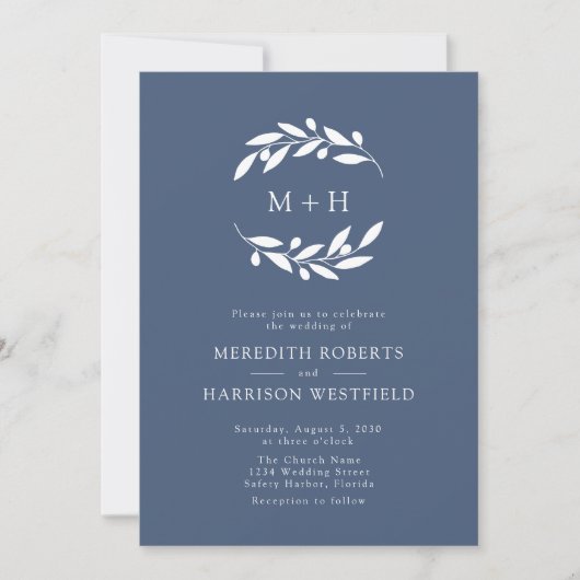 Invitation Ardoise Bleu Olive Branche Monogramme Mariage de c (Devant)