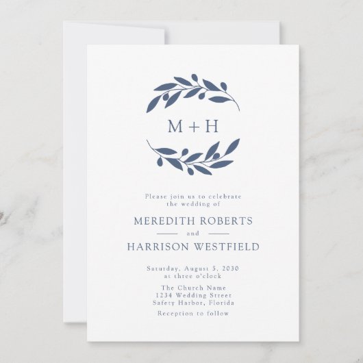 Invitation Ardoise Bleu Olive Branche Monogramme Mariage de c (Devant)