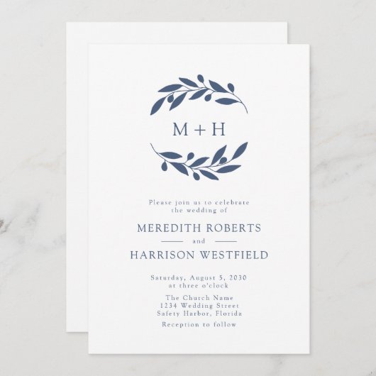Invitation Ardoise Bleu Olive Branche Monogramme Mariage de c (Devant / Derrière)