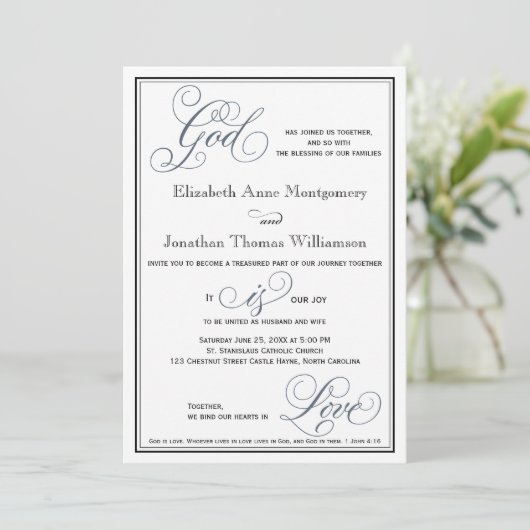 Invitation Ardoise Bleu Script Dieu est Amour Mariage chrétie (Debout devant)