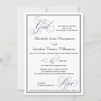 Invitation Ardoise Bleu Script Dieu est Amour Mariage chrétie