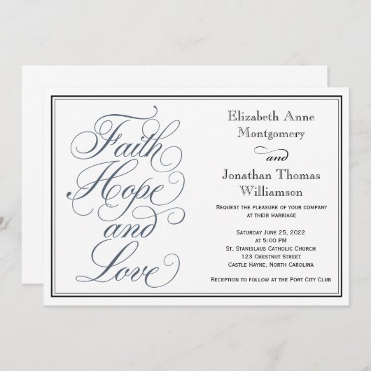 Invitation Ardoise Bleu Script Faith Hope & Love Mariage (Devant / Derrière)