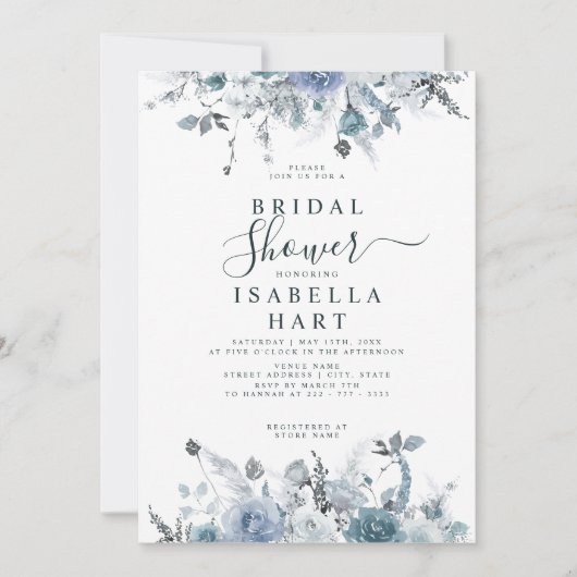 Invitation Ardoise Boho Dusty Blue Floral Pastel Fête des mar (Devant)