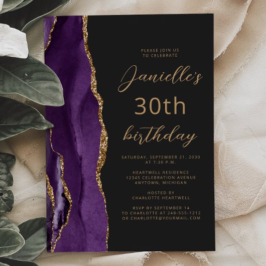 Invitation Ardoise d'agate d'or violet Script 30e anniversair