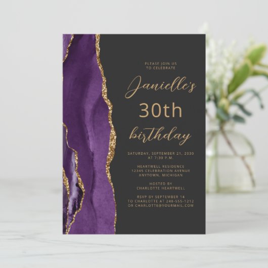 Invitation Ardoise d'agate d'or violet Script 30e anniversair (Debout devant)