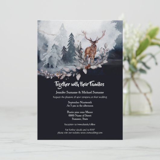 Invitation Ardoise gris bleu foncé ardoise d'aquarelle cerf a (Debout devant)