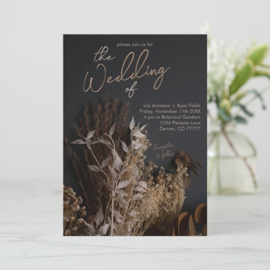 Invitation Ardoise noire Mariage floral séché noir Boho rusti (Debout devant)